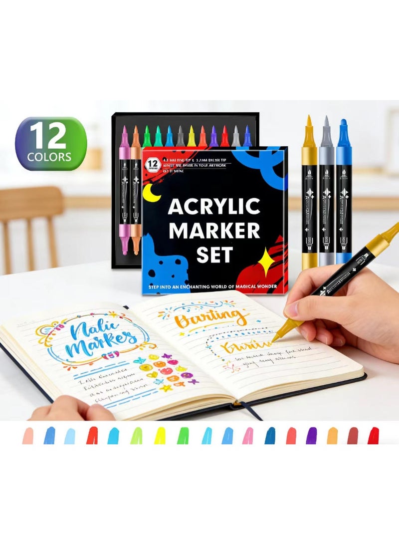 موردلي مجموعة أقلام تحديد أكريليك مكونة من 12 لونًا، برأسين مزدوجين (رأس رفيع ورأس فرشاة) للرسم والتلوين والأعمال اليدوية (قائمة على الماء، قابلة للطبقات، غير سامة). - Image 2